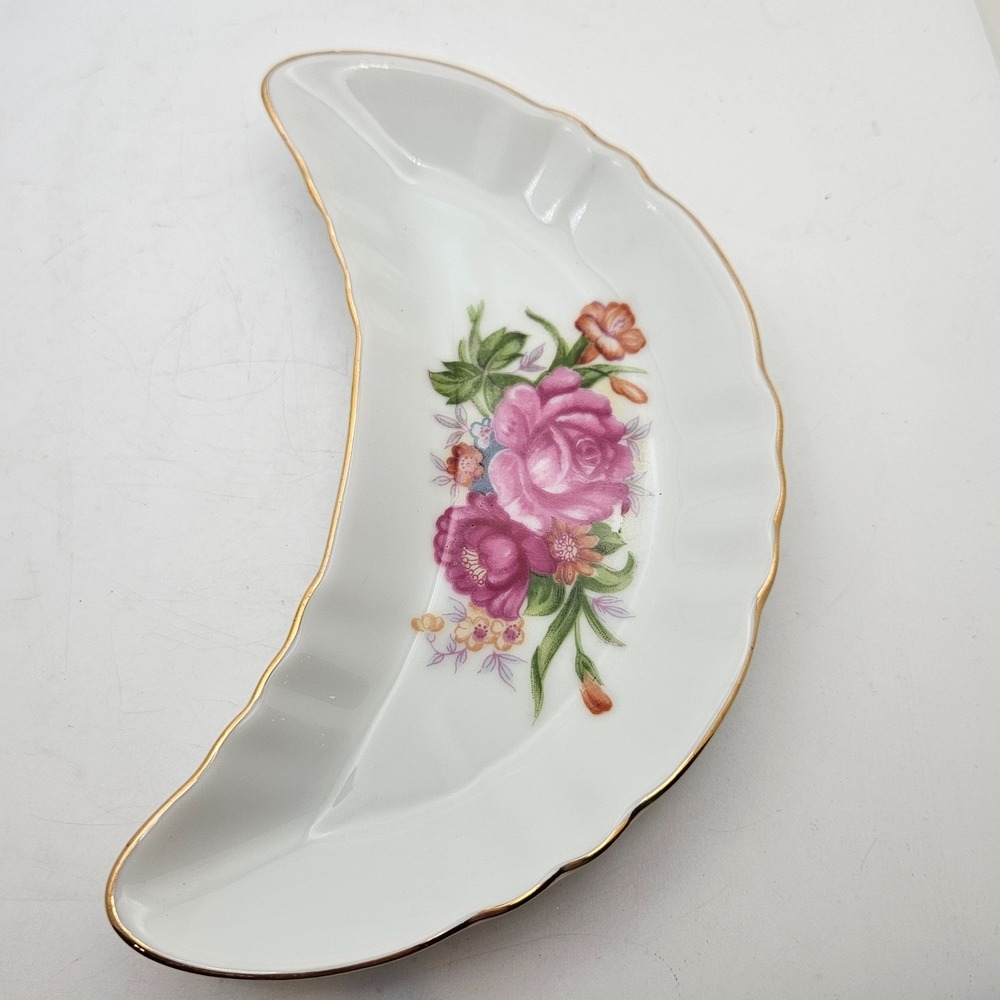 Vintage Japan Crescent Relish Candy Nut Dish Pink Rose Floral Trinket Dish
